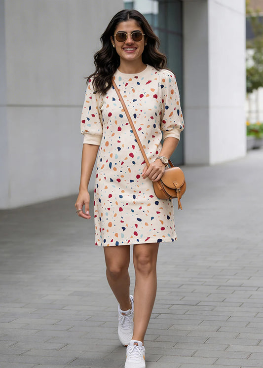 Embroidered Terrazzo iCotton Pouf Sleeve Dress