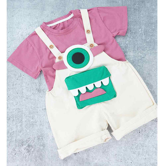 Cream One eye Monster, 2 pcs Dungaree style set for Toddlers and Kids