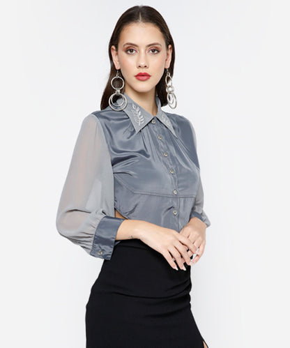 Leaf Embroidered Crop Shirt