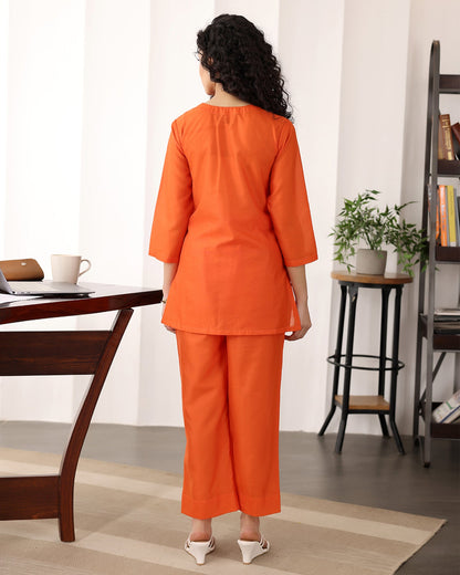 V-Neck Orange Chanderi Co-ord Set