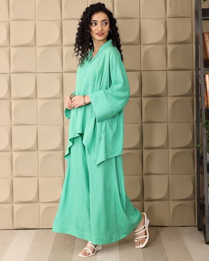 Green V-neck Rayon Co-ord Set