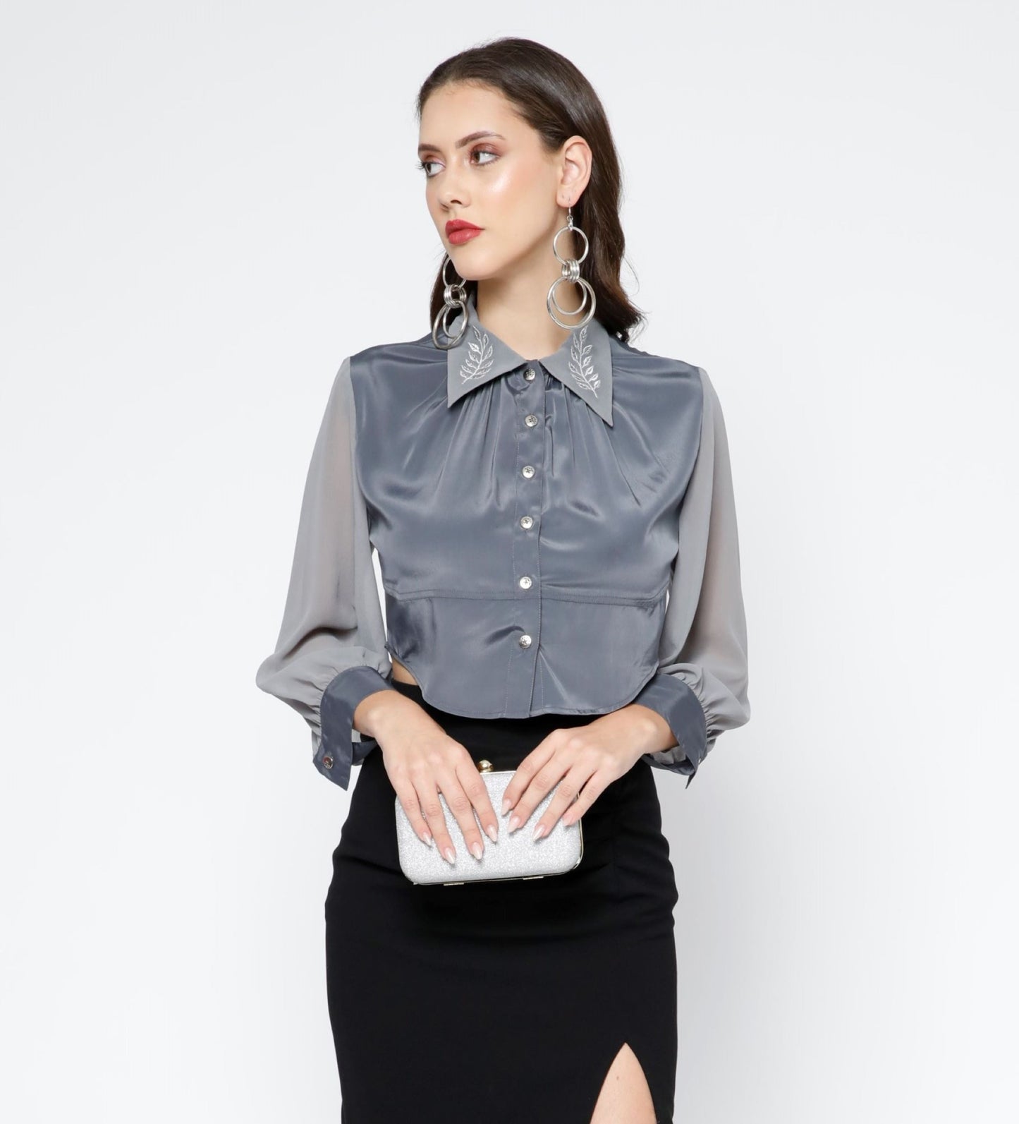 Leaf Embroidered Crop Shirt