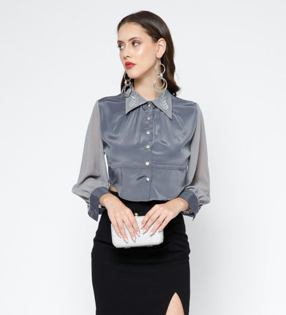 Leaf Embroidered Crop Shirt