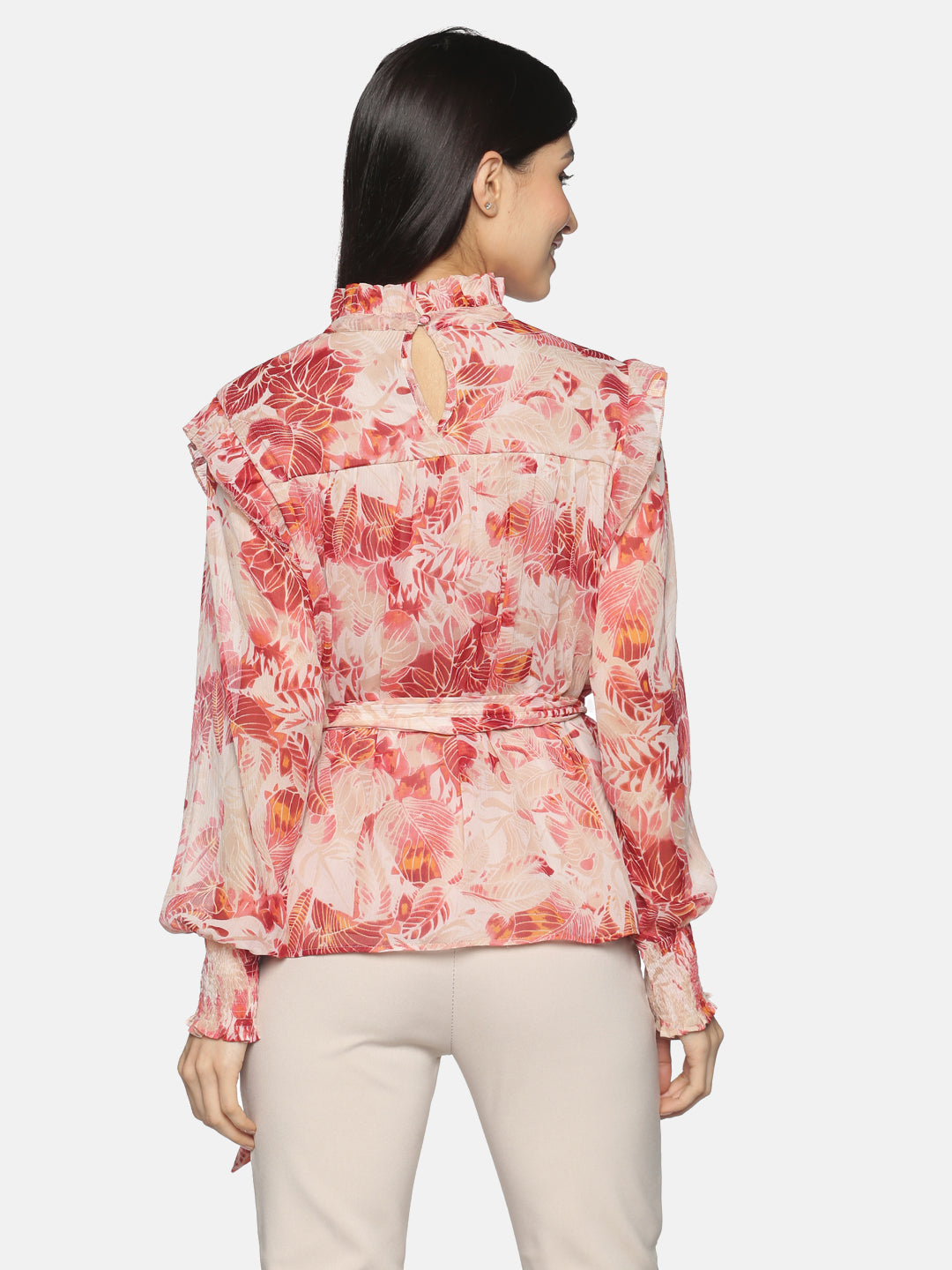 Red Long Sleeve Belted Swing Top