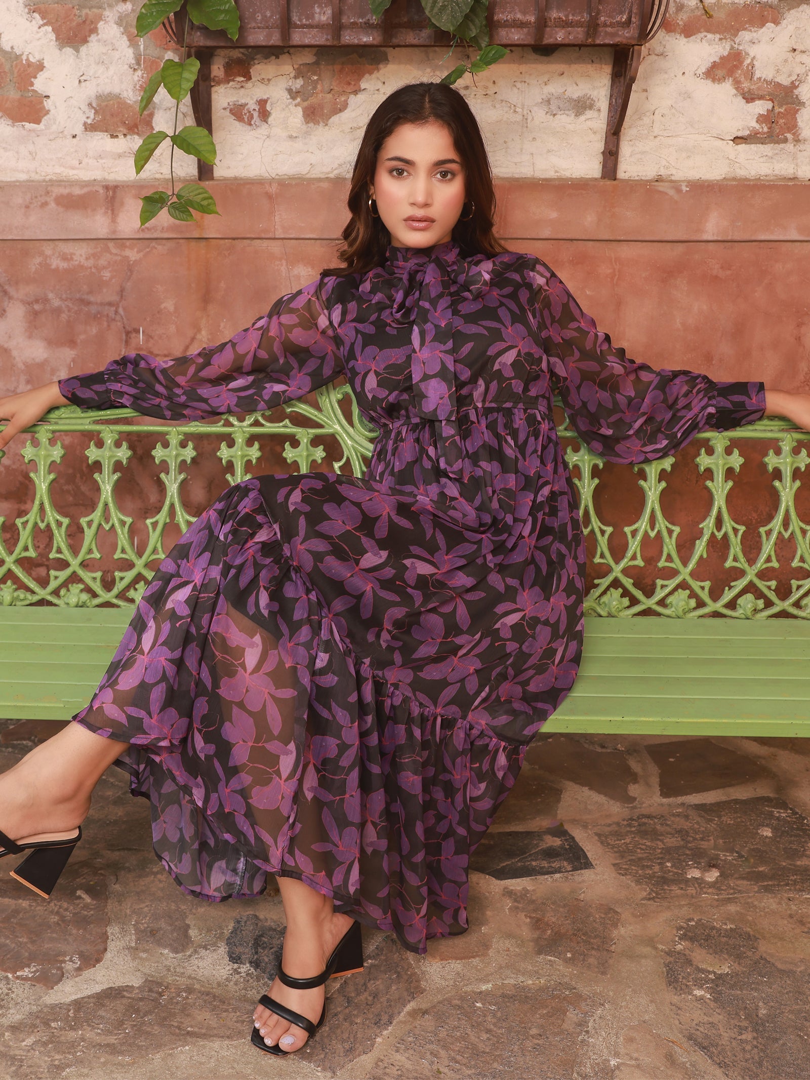 Printed Purple Midaxi Dress For Women