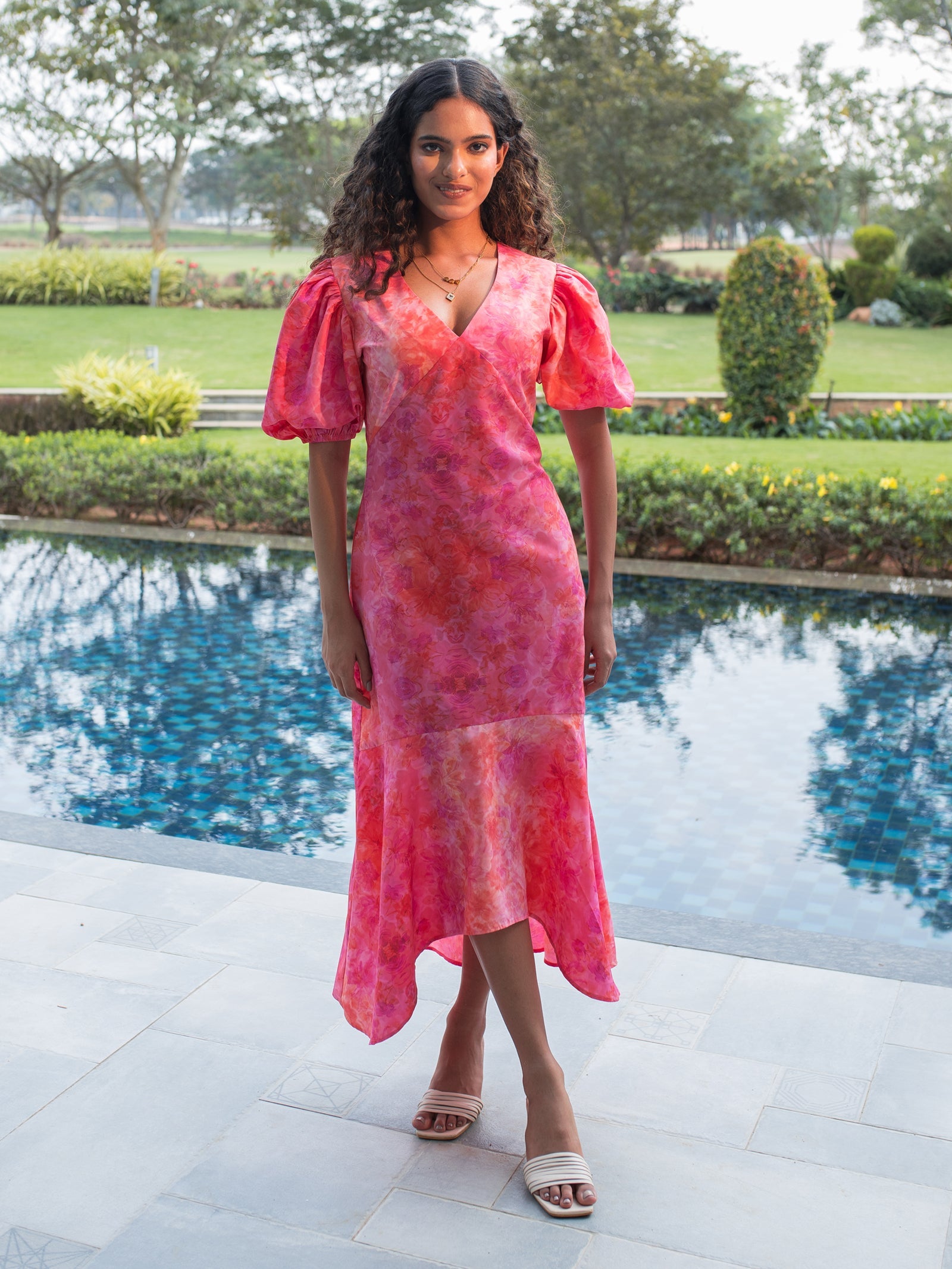 Buy pink printed midaxi dress for women