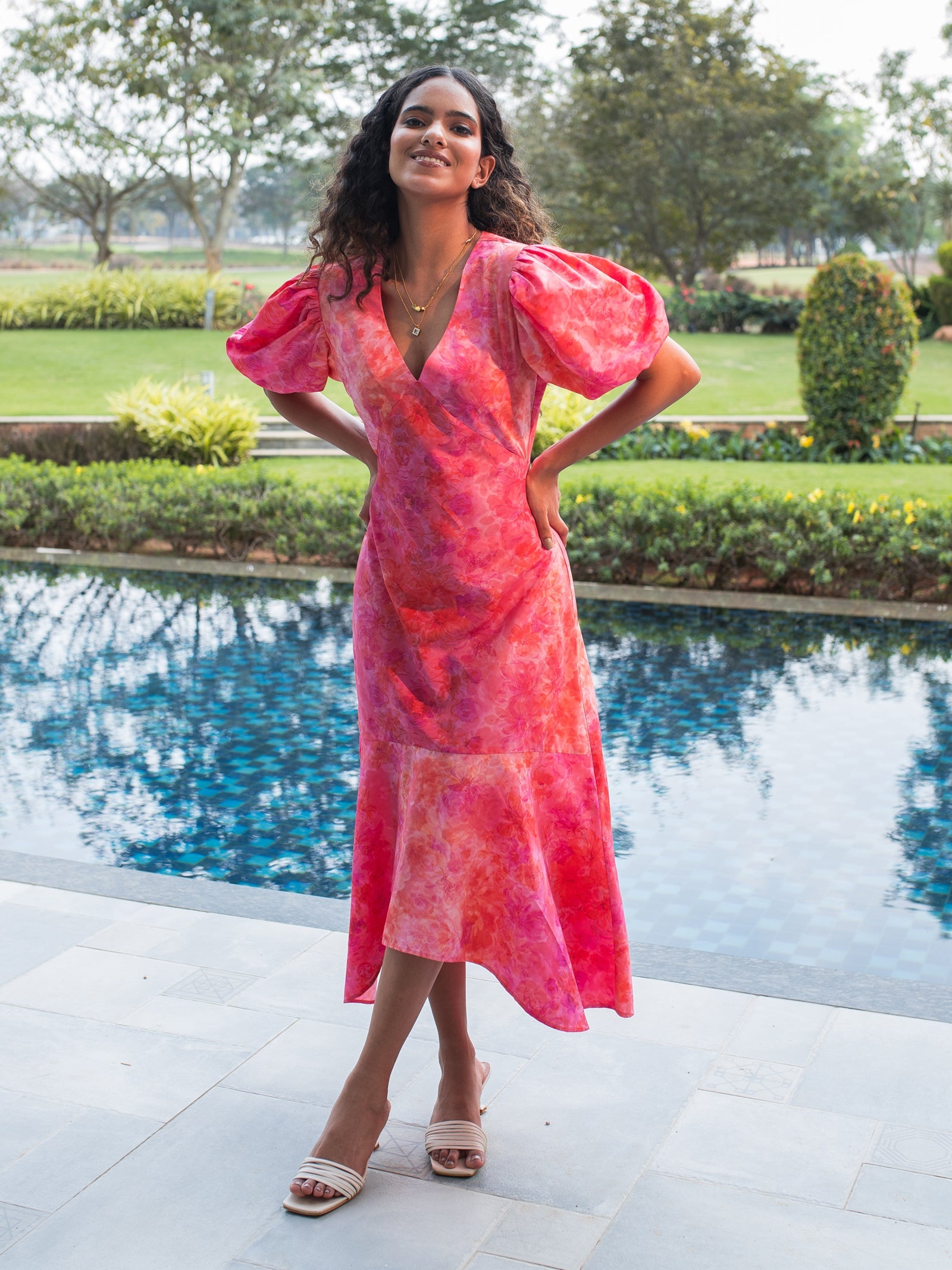 Buy pink printed midaxi dress for women