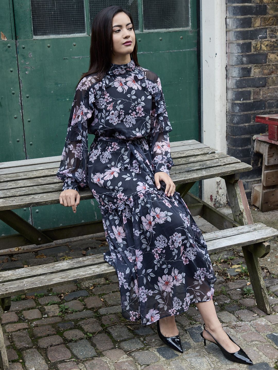 Floral Black Ruffled Dress For Women