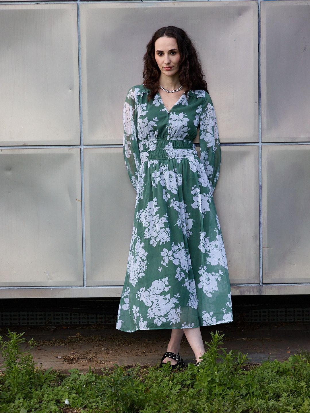  Green Blouson Sleeve Maxi Dress