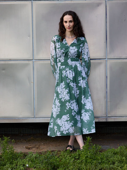  Green Blouson Sleeve Maxi Dress