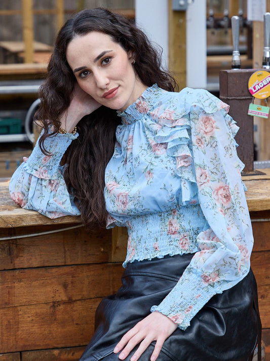 IS.U Floral Mutlicolor Gathered Smocked Sleeve Top