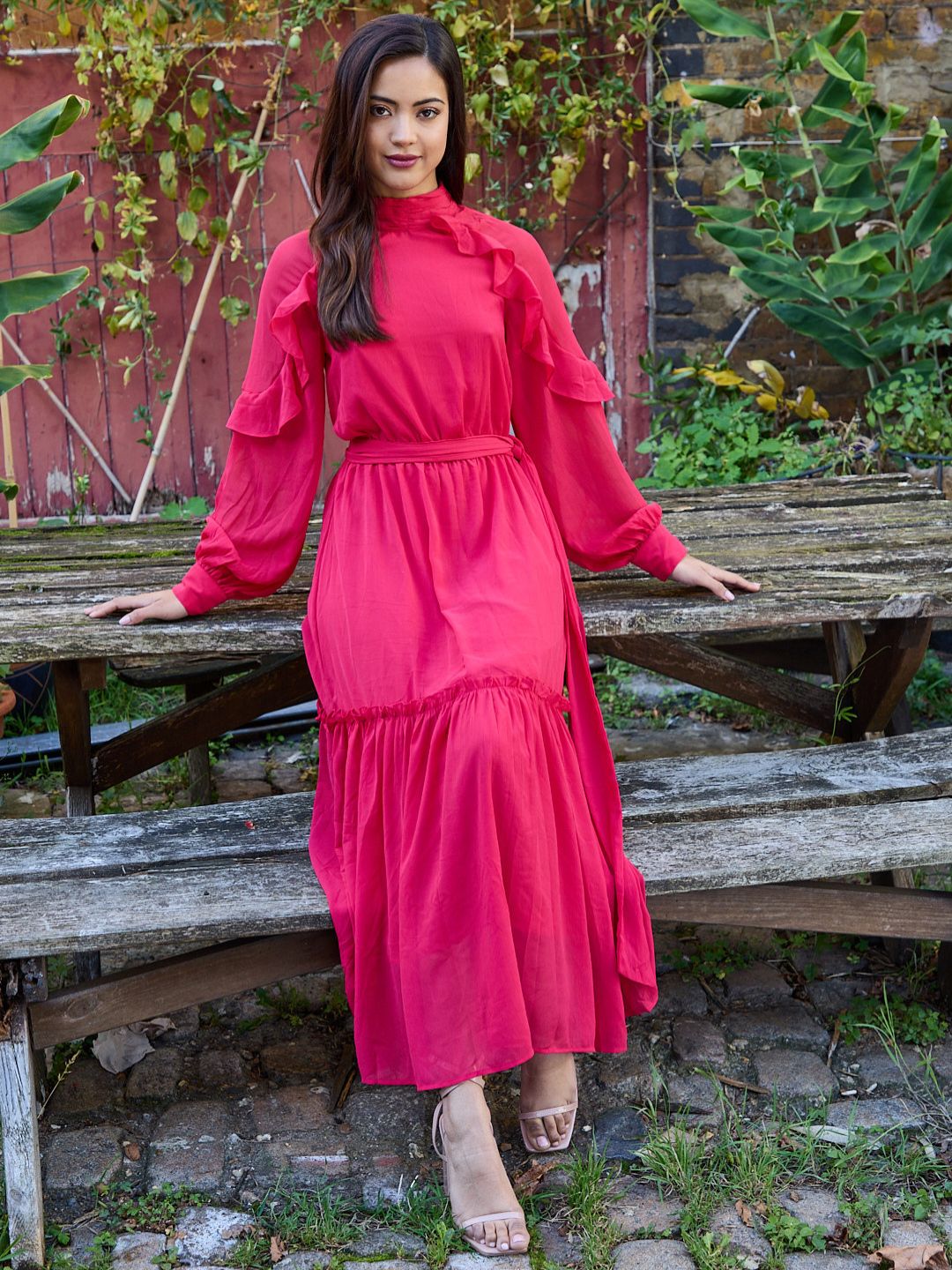  Pink Ruffled Blouson Sleeve Dress
