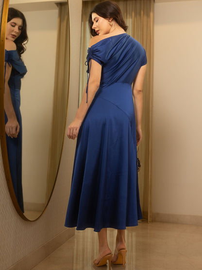 IS.U Blue Asymmetric Neck Cocktail Dress