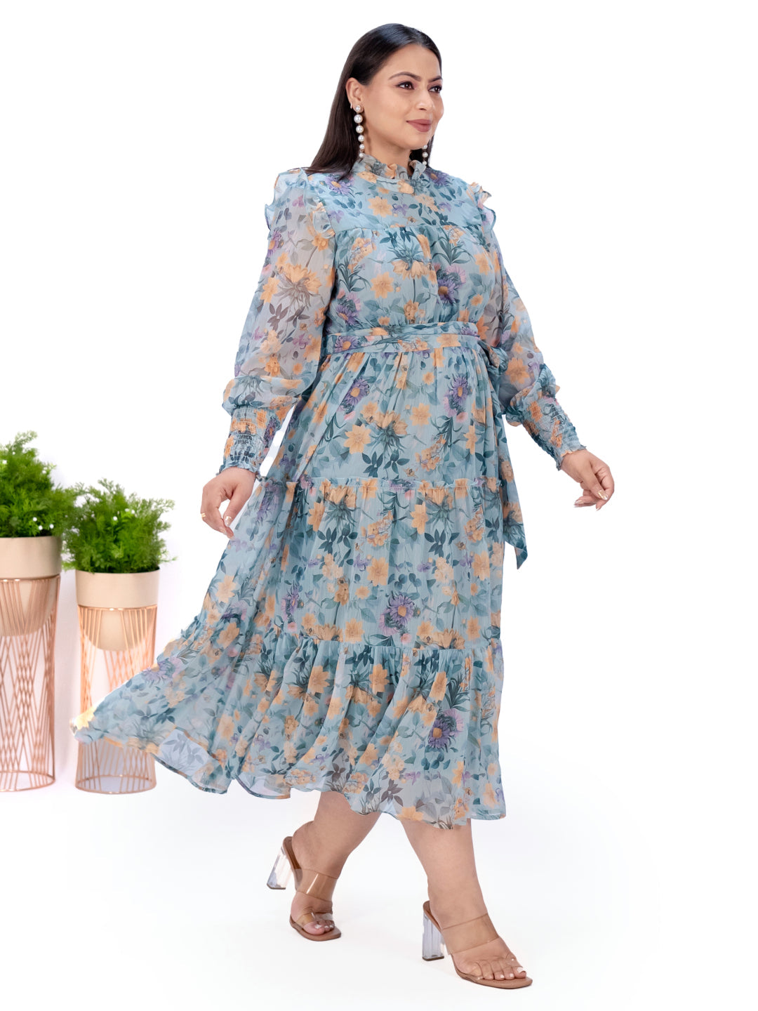 IS.U Green Floral Tiered Midaxi Dress