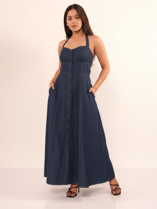 IS.U Dark Blue Denim Halter Dress