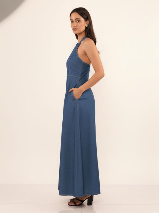 IS.U Medium Blue Denim Halter Dress