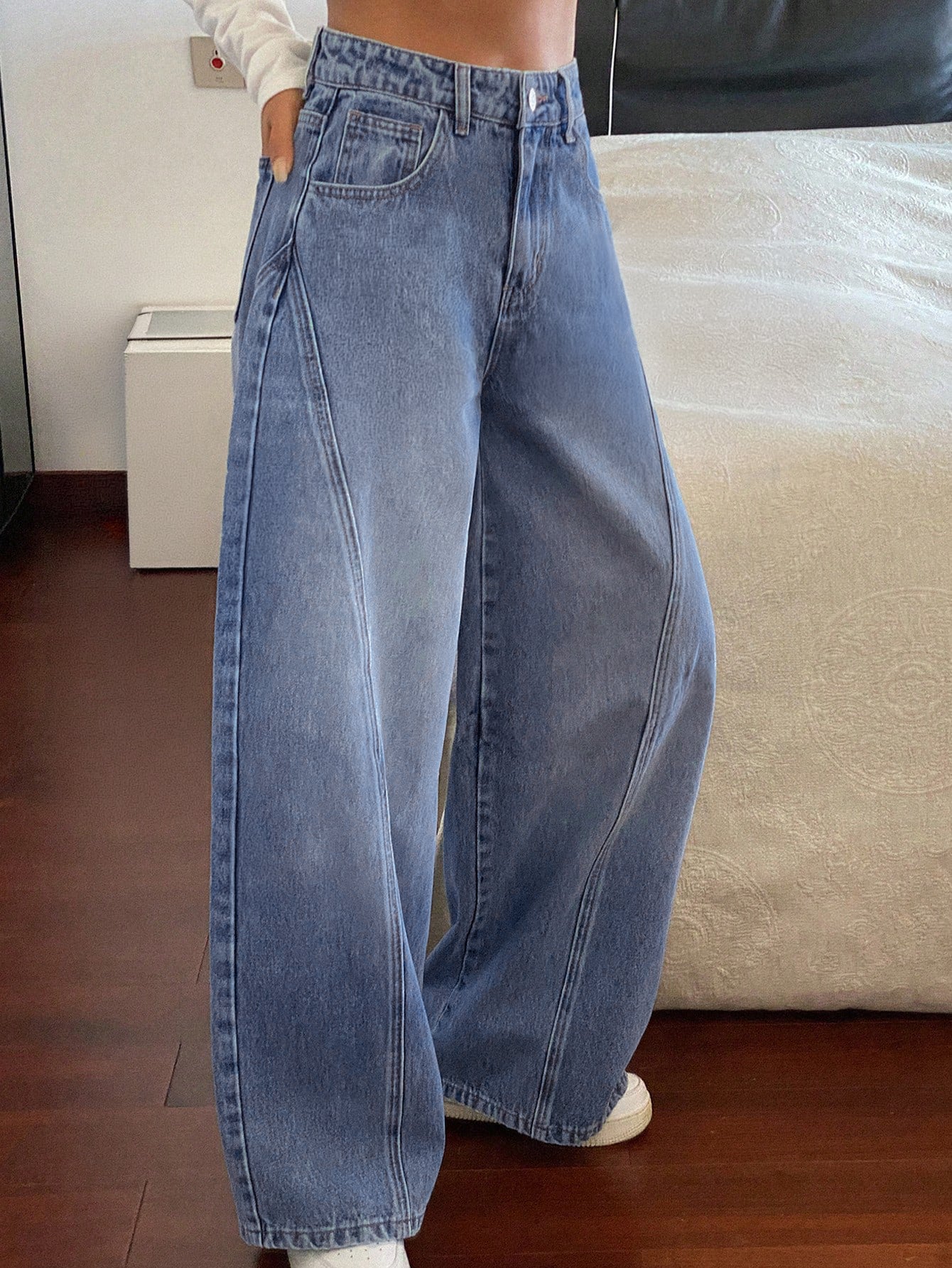 Dusty CloudÂ Blue Panelled Wide Leg Jeans