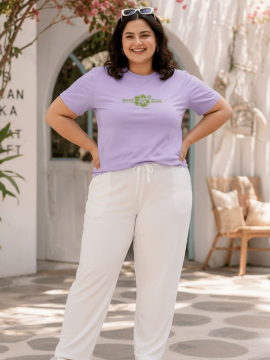 Plus Size Women Purple Typography Printed Cotton Crew Neck Regular Fit T-Shirt