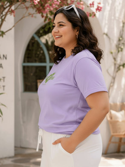 Plus Size Women Purple Typography Printed Cotton Crew Neck Regular Fit T-Shirt