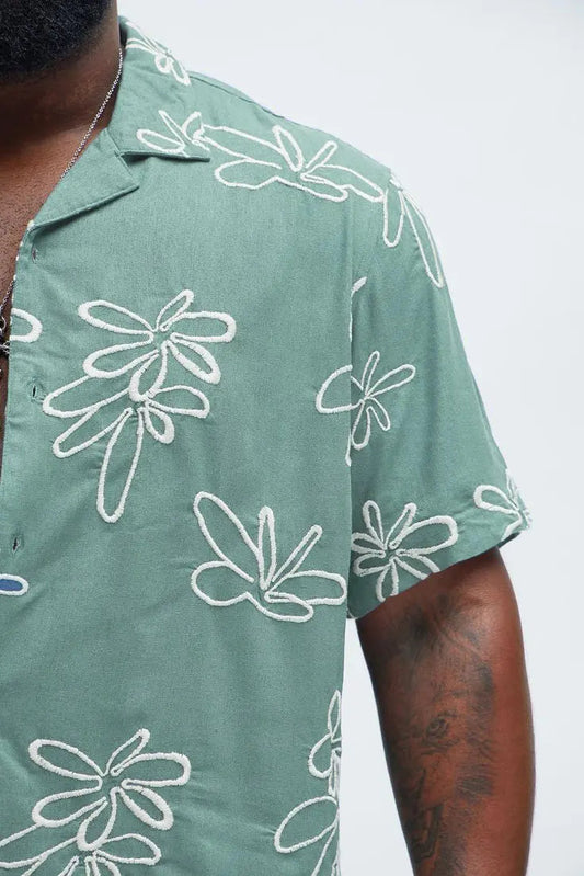 Men's Box-Fit Floral Embroidered Linen Lust Sage Shirt Vellure