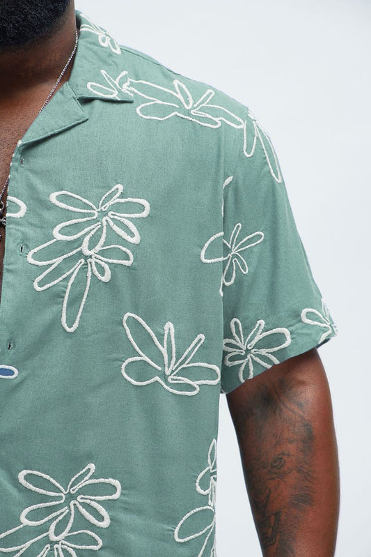 Men's Box-Fit Floral Embroidered Linen Lust Sage Shirt