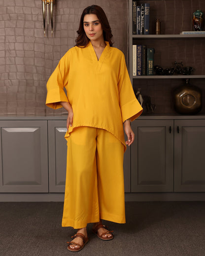 V-NECK YELLOW RAYON CO-ORD SET