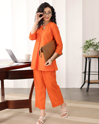 V-Neck Orange Chanderi Co-ord Set