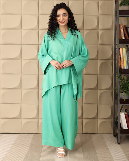 Green V-neck Rayon Co-ord Set