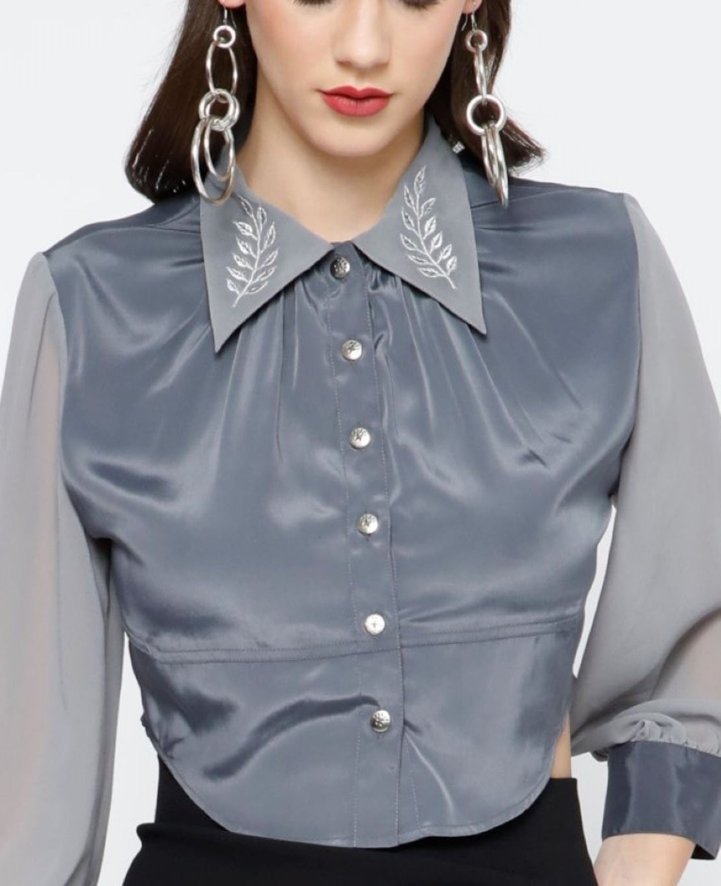 Leaf Embroidered Crop Shirt