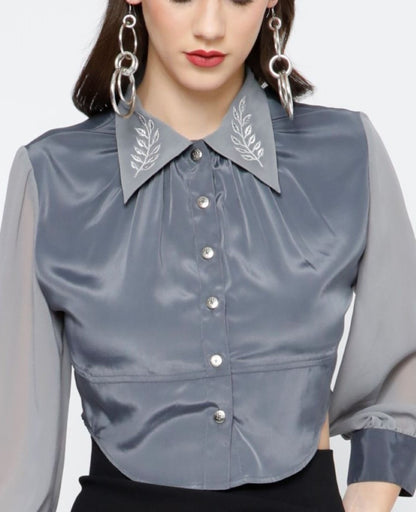 Leaf Embroidered Crop Shirt