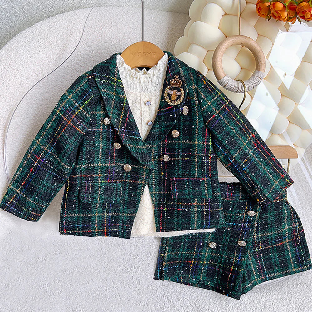 Bottle Green Scottish Style Tweed 2 pcs, Jacket and Shorts Winterwear set for Girls