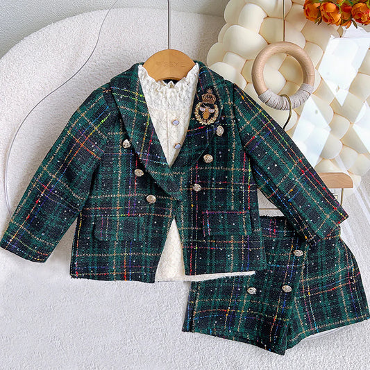 Bottle Green Scottish Style Tweed 2 pcs, Jacket and Shorts Winterwear set for Girls
