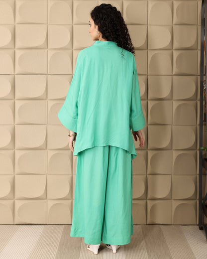 Green V-neck Rayon Co-ord Set