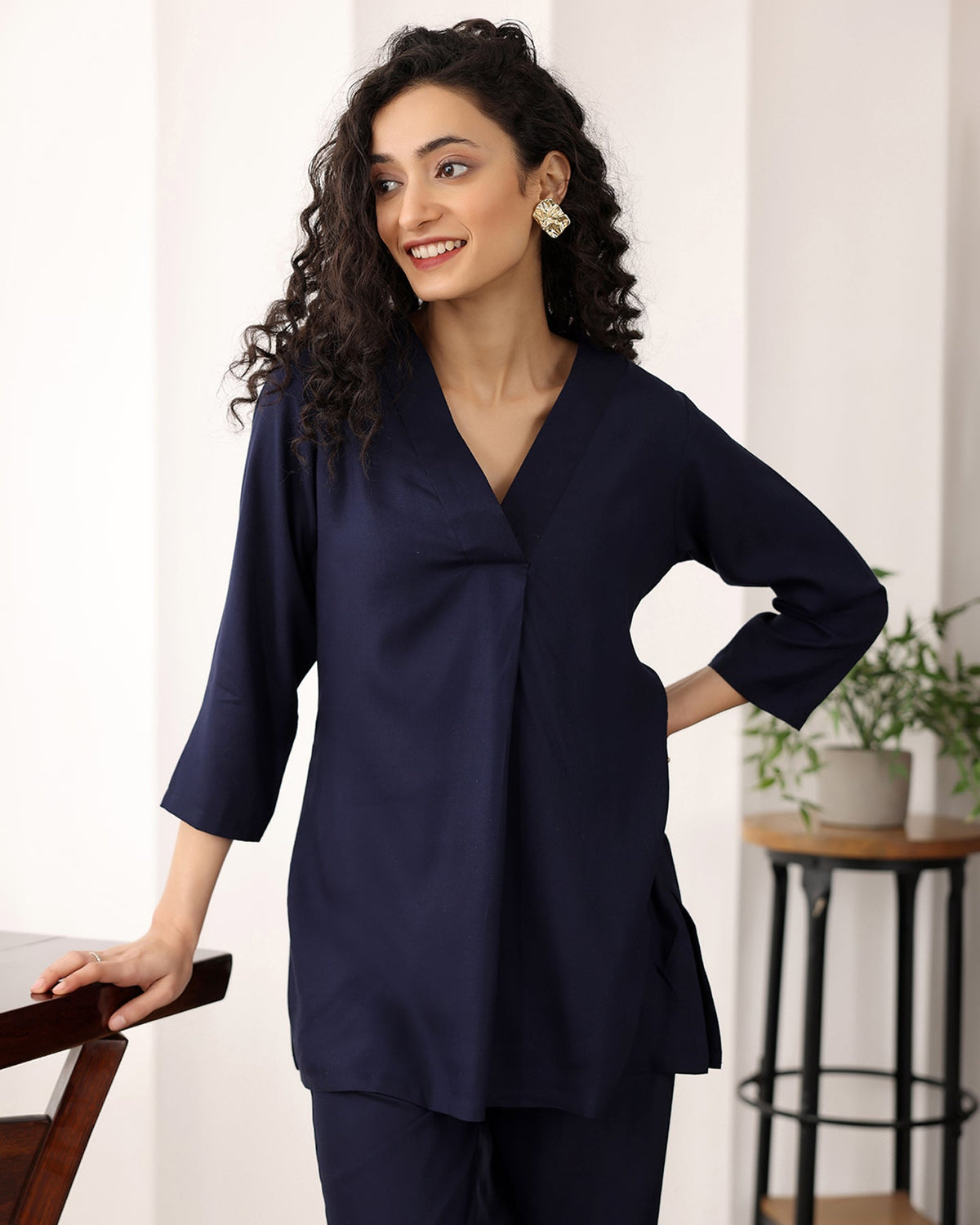 V-neck Black Cotton Co-ord Set