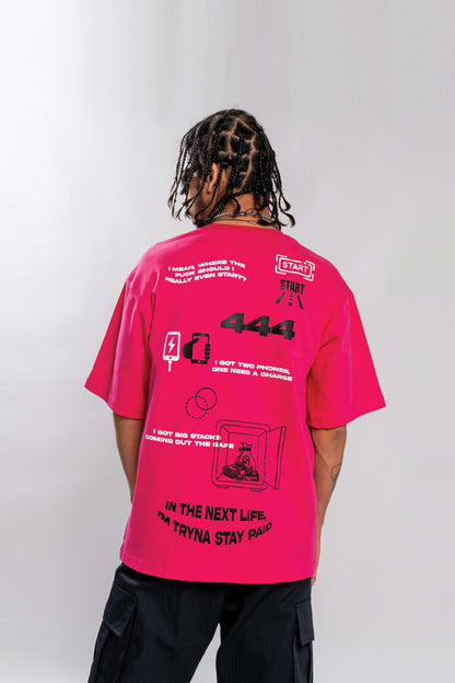 444 Oversized Round Neck Printed Pink T Shirt