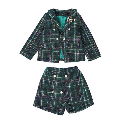 Bottle Green Scottish Style Tweed 2 pcs, Jacket and Shorts Winterwear set for Girls