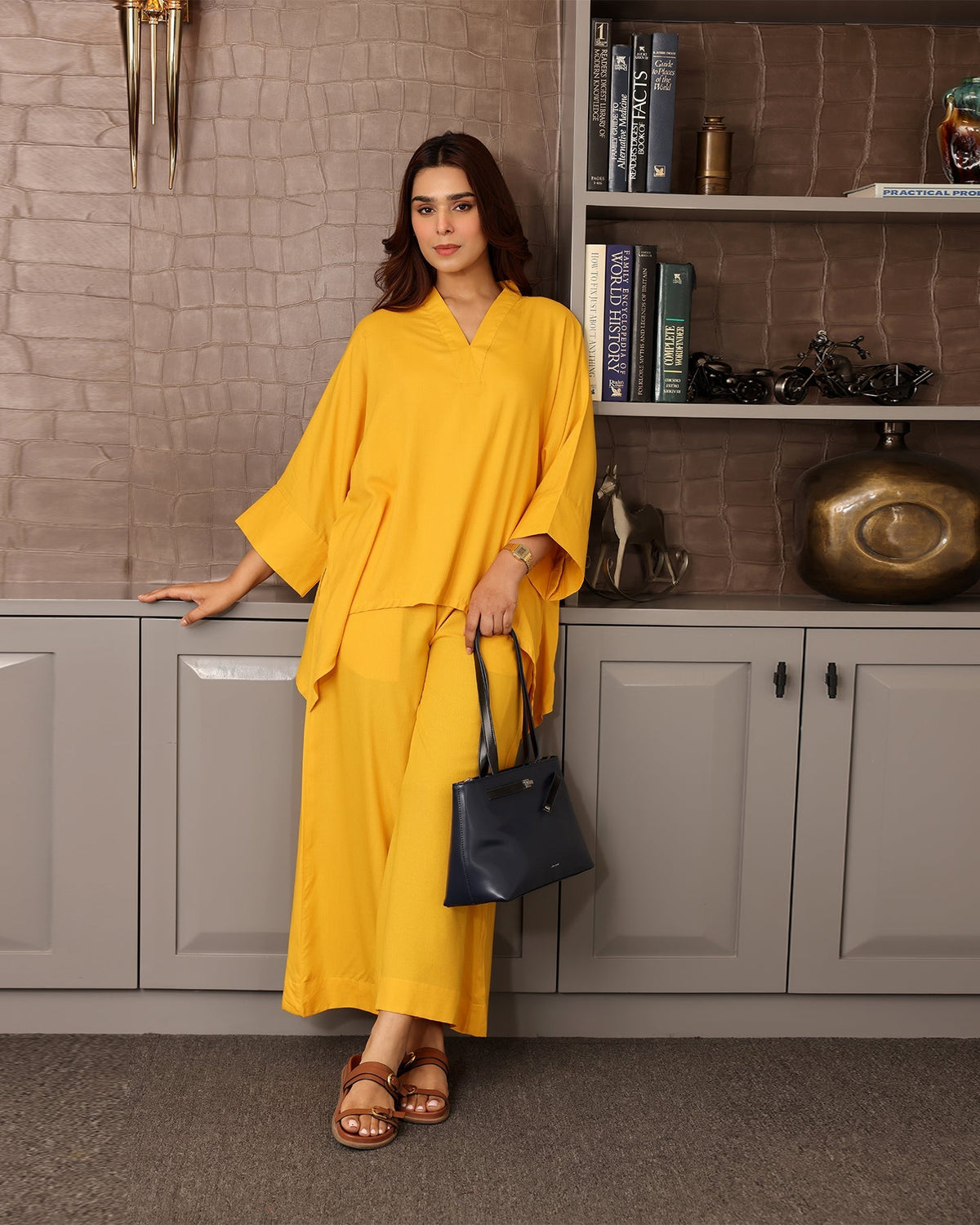 V-NECK YELLOW RAYON CO-ORD SET