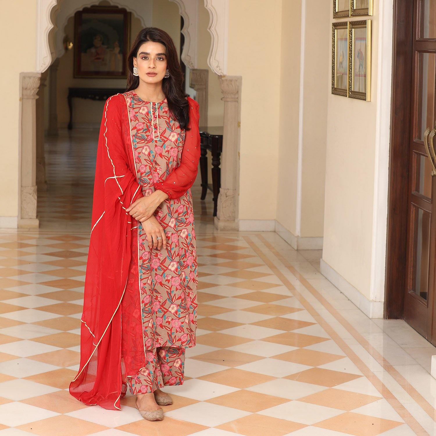 Three Piece Brown Floral Chiffon Suit - Ambraee