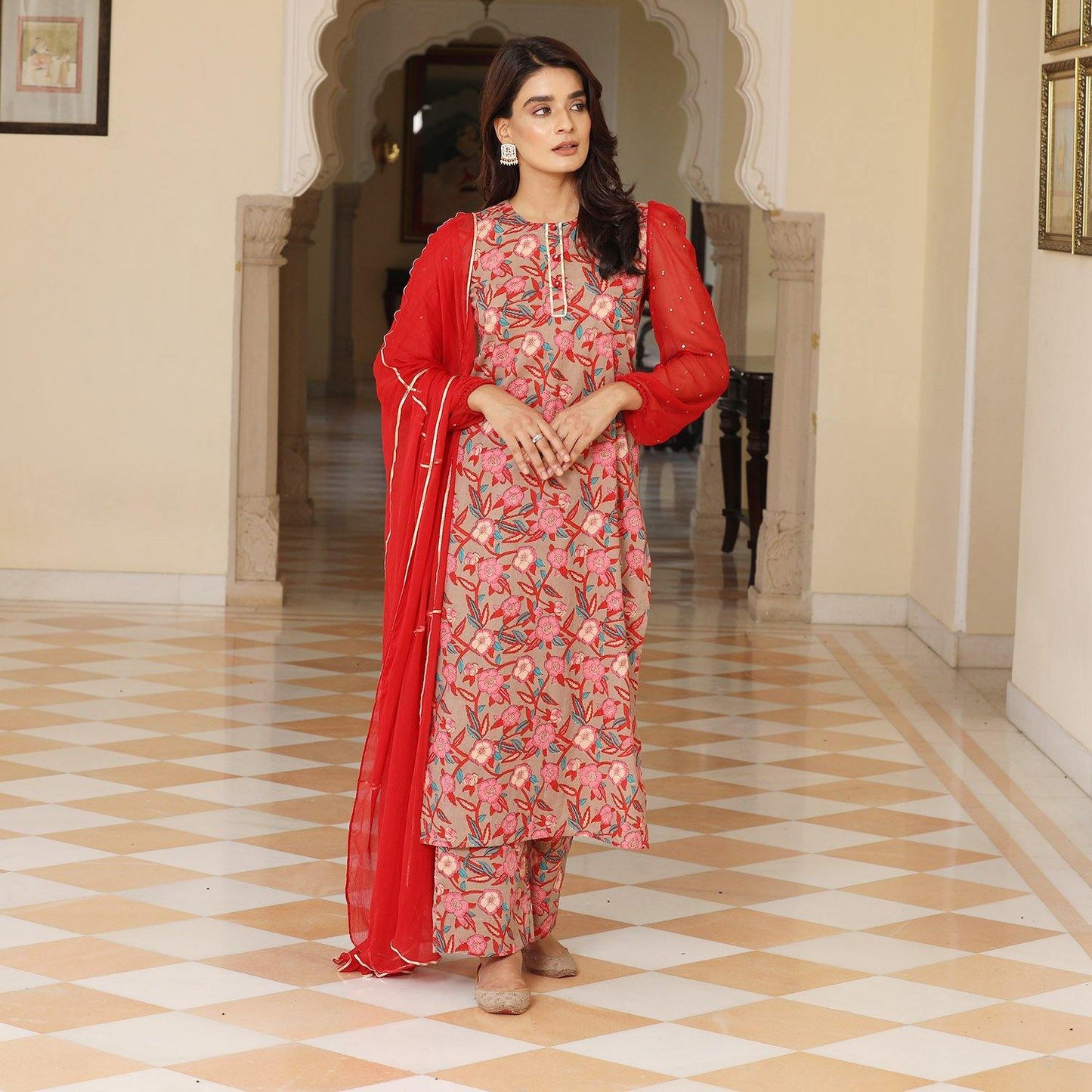 Brown Floral Chiffon Suit With Straight Pants- Ambraee