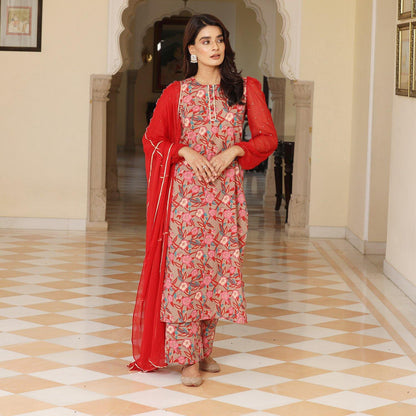 Brown Floral Chiffon Suit With Straight Pants- Ambraee