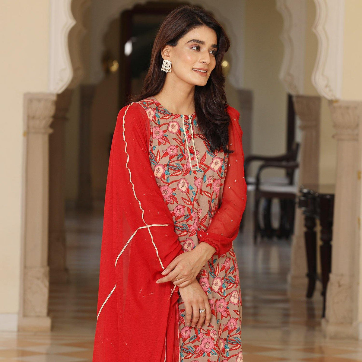 Brown Floral Chiffon Suit - Ambraee