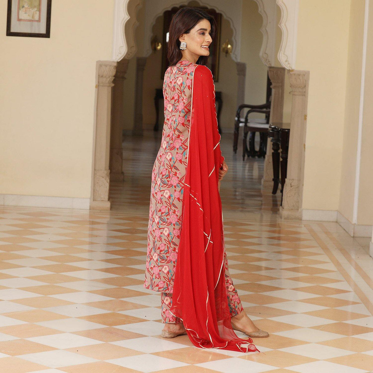 Indian Designer Brown Floral Chiffon Suit Online For Ladies - Ambraee