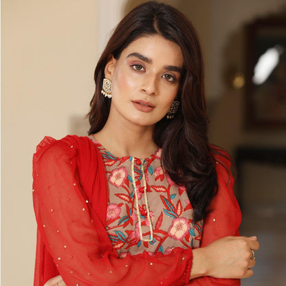 Brown Floral Chiffon Suit With Round Neck - Ambraee