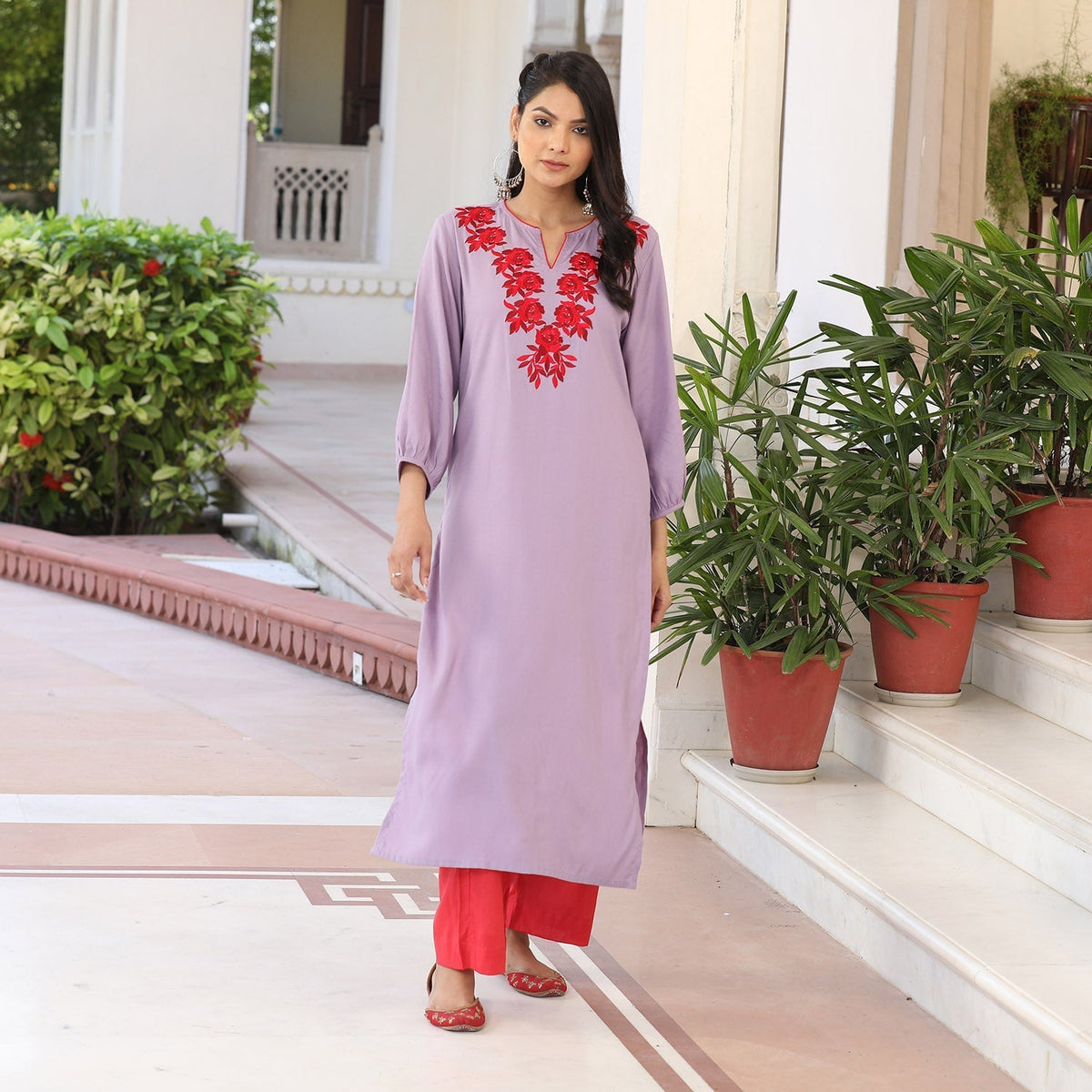 Lilac Red Embroidered Neck Kurta Set