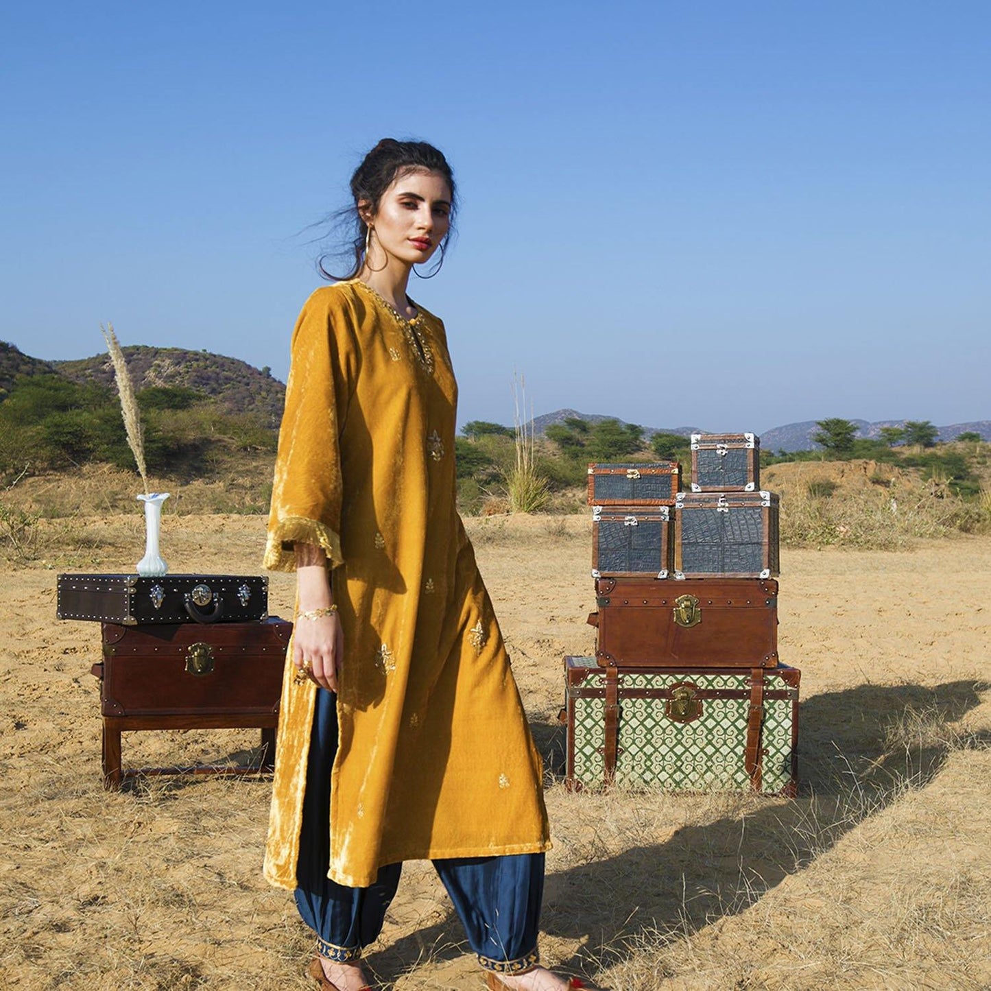 Mustard Silk Velvet Kurta Set - Ambraee