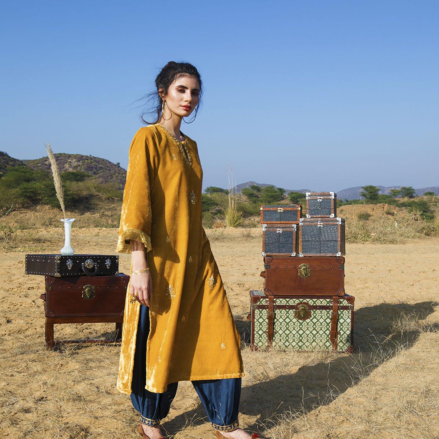 Mustard Silk Velvet Kurta Set - Ambraee