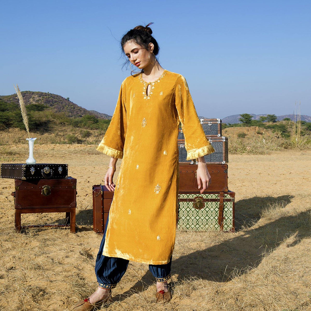 Mustard Silk Velvet Kurta Set - Ambraee
