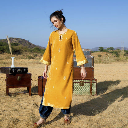 Mustard Silk Velvet Kurta Set - Ambraee