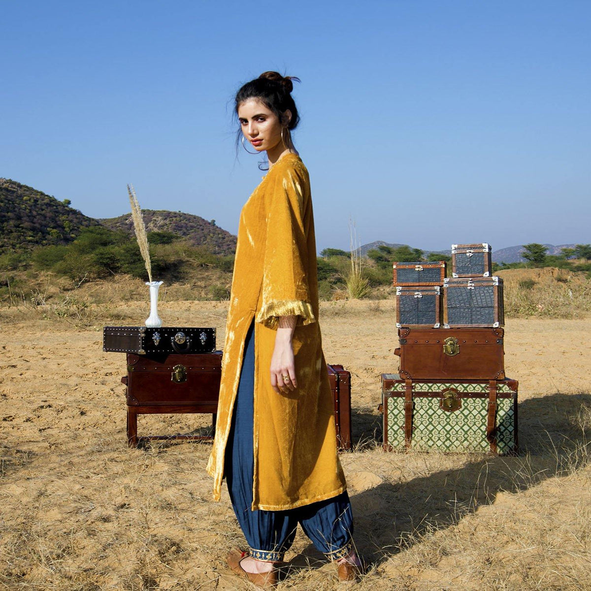 Mustard Silk Velvet Kurta Set - Ambraee