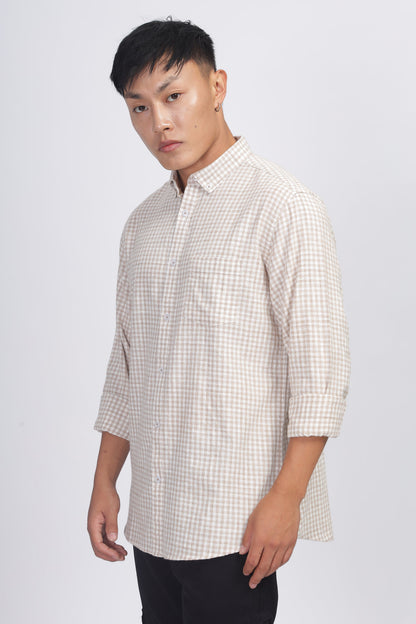 Uri Light Brown Gingham Check Cotton Shirt Uri